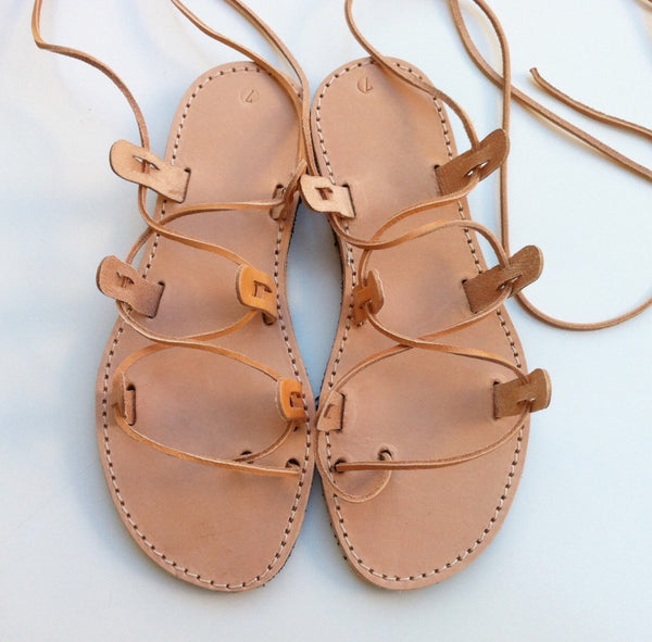 Genuine Leather Handmade Greek Lace Up Sandals- Natural