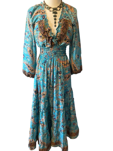 Long sleeve Bohemian Tiered Maxi Silk Dress (Turquoise)