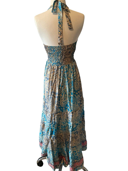 Halter Tiered Bohemian Maxi Silk Dress (blue)