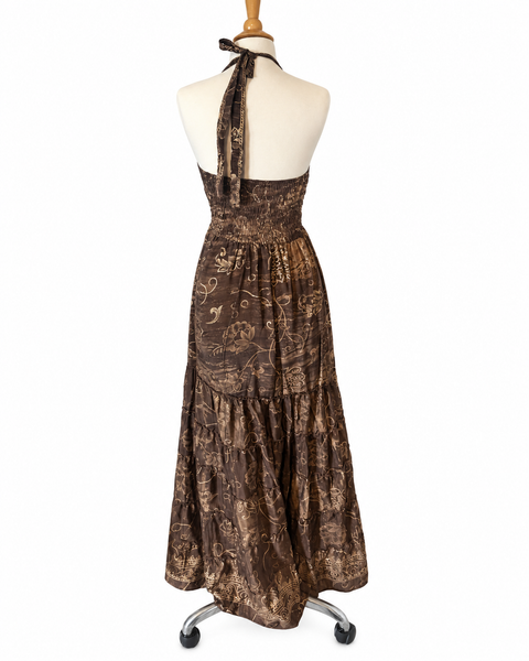 Halter Tiered Bohemian Maxi Silk Dress (brown)