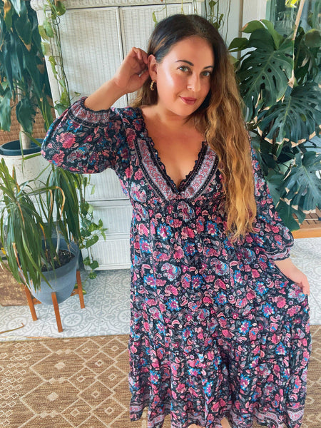 Long sleeve Bohemian Tiered Maxi Silk Dress (black n pink)