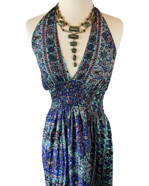 Halter Tiered Bohemian Maxi Silk Dress (Navy -black )