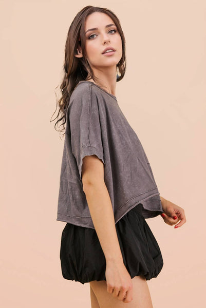 NT11429-Mineral Washed Oversized Crop Comfy Knit Top