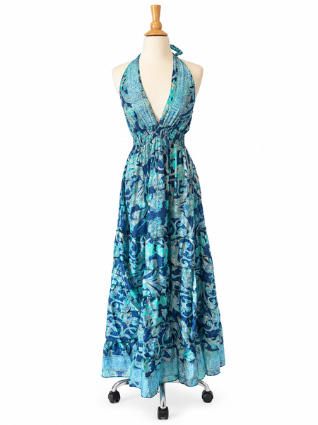 Halter Tiered Bohemian Maxi Silk Dress (blue)