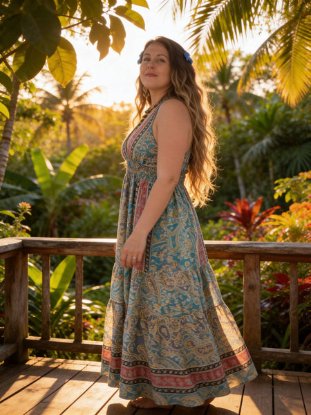 Halter Tiered Bohemian Maxi Silk Dress (blue)