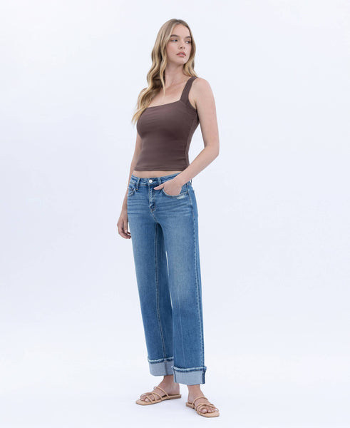 MID RISE CUFFED ANKLE SLIM WIDE JEANS