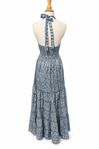 Halter Tiered Bohemian Maxi Silk Dress (blue n gray)