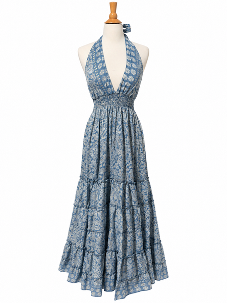 Halter Tiered Bohemian Maxi Silk Dress (blue n gray)