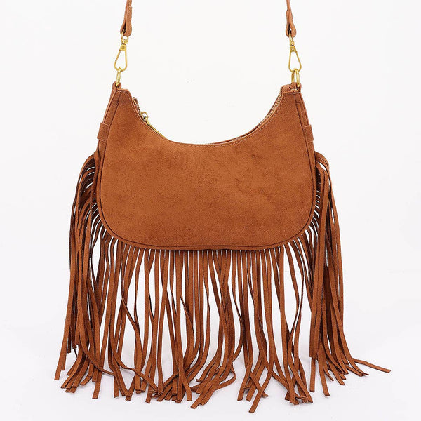 Fringe Trimmed Faux Suede Crossbody Bag