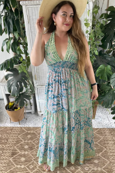 Halter Tiered Bohemian Maxi Silk Dress (green n blue)