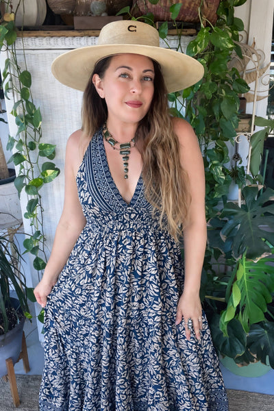 Halter Tiered Bohemian Maxi Silk Dress (navy)