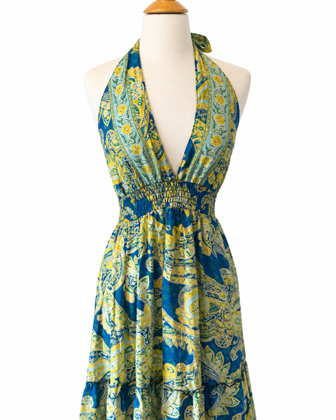 Halter Tiered Bohemian Maxi Silk Dress (blue n yellow)