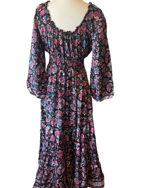 Long sleeve Bohemian Tiered Maxi Silk Dress (black n pink)