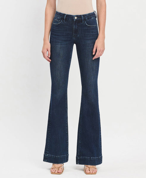 MID RISE DARK WASH FULL LENGTH FLARE JEANS