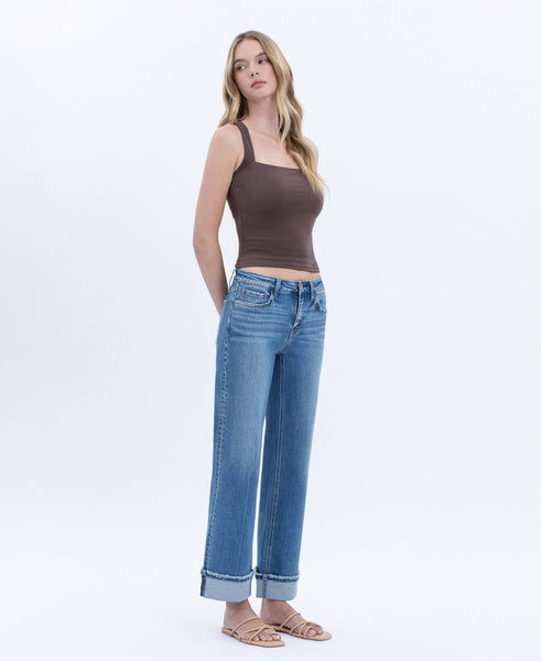 MID RISE CUFFED ANKLE SLIM WIDE JEANS