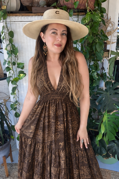 Halter Tiered Bohemian Maxi Silk Dress (brown)