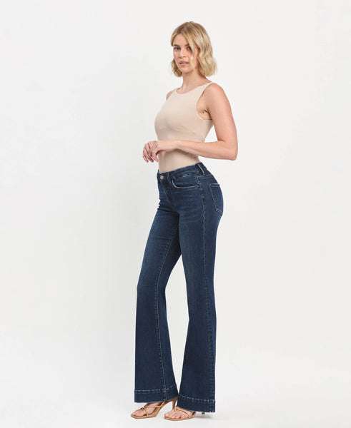 MID RISE DARK WASH FULL LENGTH FLARE JEANS