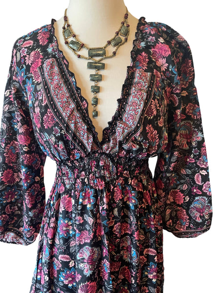Long sleeve Bohemian Tiered Maxi Silk Dress (black n pink)