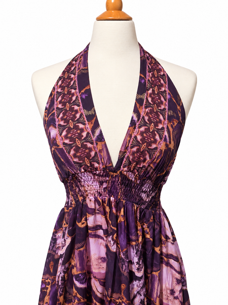 Halter Tiered Bohemian Maxi Silk Dress (purple)