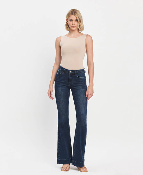 MID RISE DARK WASH FULL LENGTH FLARE JEANS