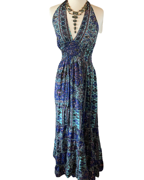 Halter Tiered Bohemian Maxi Silk Dress (Navy -black )