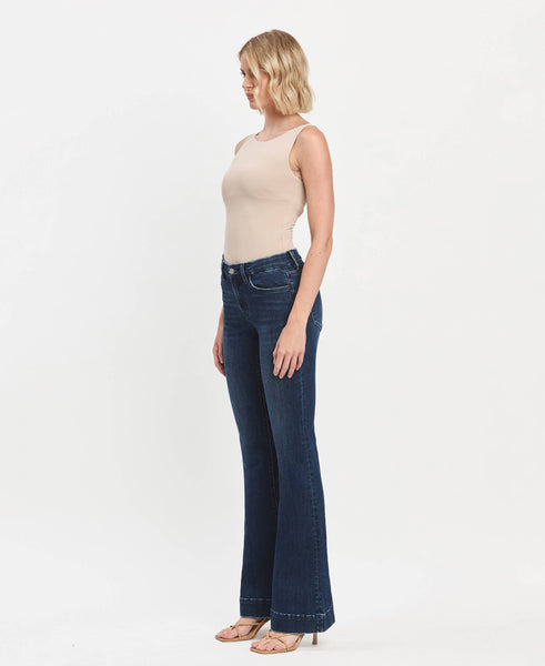 MID RISE DARK WASH FULL LENGTH FLARE JEANS