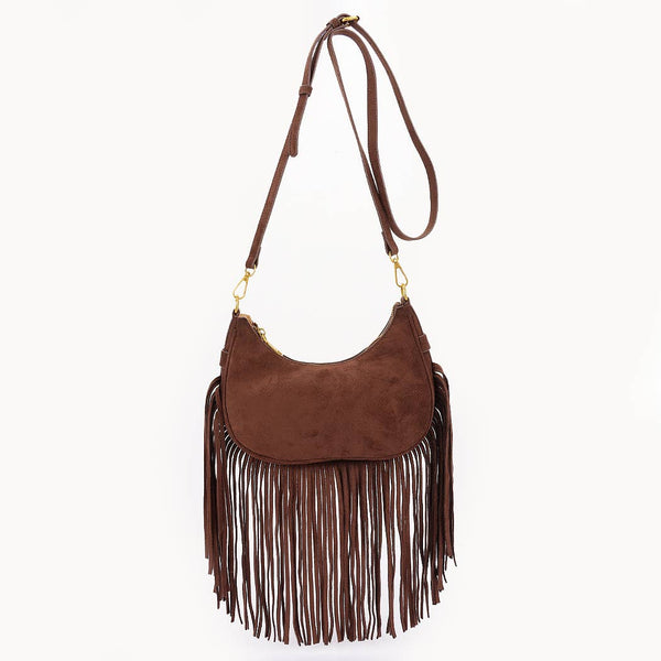 Fringe Trimmed Faux Suede Crossbody Bag