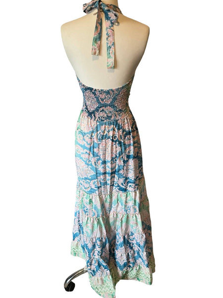 Halter Tiered Bohemian Maxi Silk Dress (green n blue)