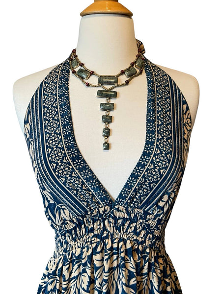 Halter Tiered Bohemian Maxi Silk Dress (navy)