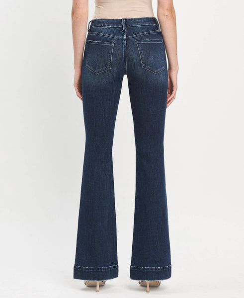 MID RISE DARK WASH FULL LENGTH FLARE JEANS