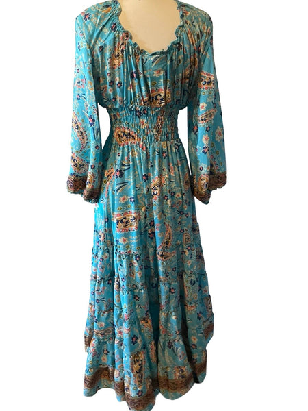 Long sleeve Bohemian Tiered Maxi Silk Dress (Turquoise)