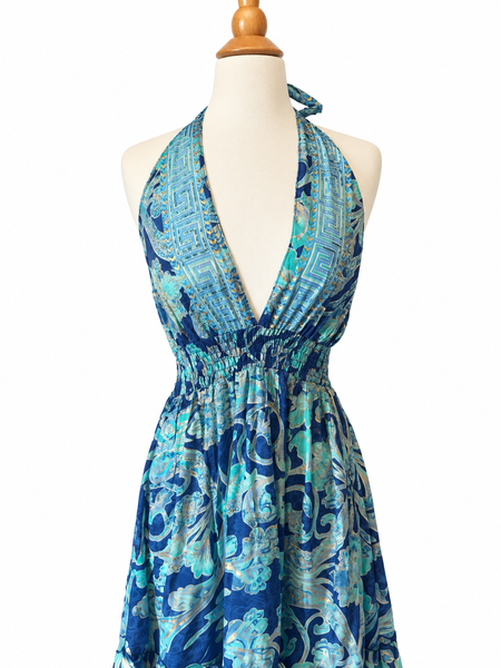 Halter Tiered Bohemian Maxi Silk Dress (blue)