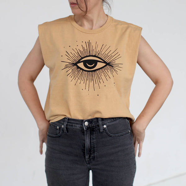 Hex Moon and Stars Cotton Muscle Tank Mustard