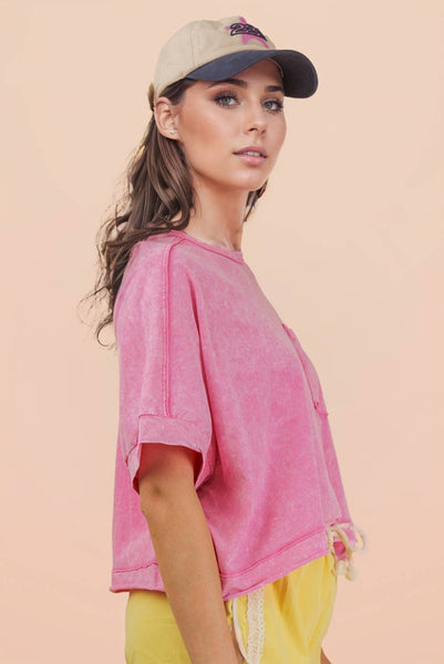 NT11429-Mineral Washed Oversized Crop Comfy Knit Top