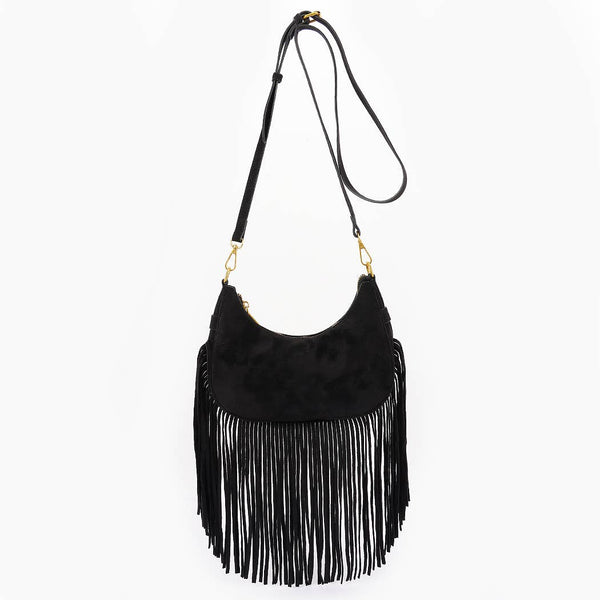 Fringe Trimmed Faux Suede Crossbody Bag