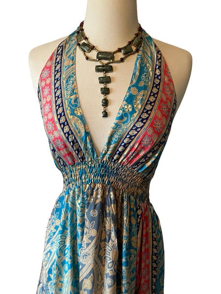 Halter Tiered Bohemian Maxi Silk Dress (blue)