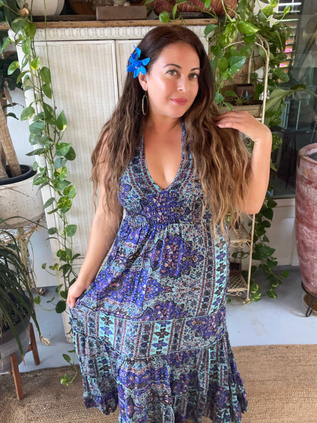 Halter Tiered Bohemian Maxi Silk Dress (Navy -black )