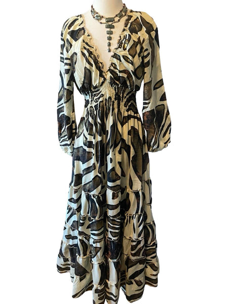 Long sleeve Bohemian Tiered Maxi Silk Dress