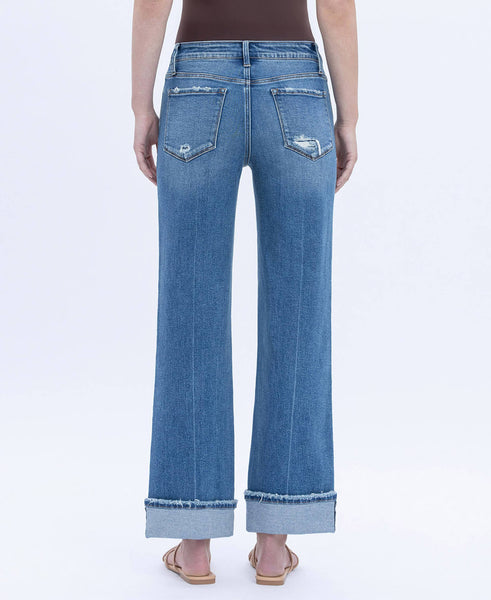 MID RISE CUFFED ANKLE SLIM WIDE JEANS