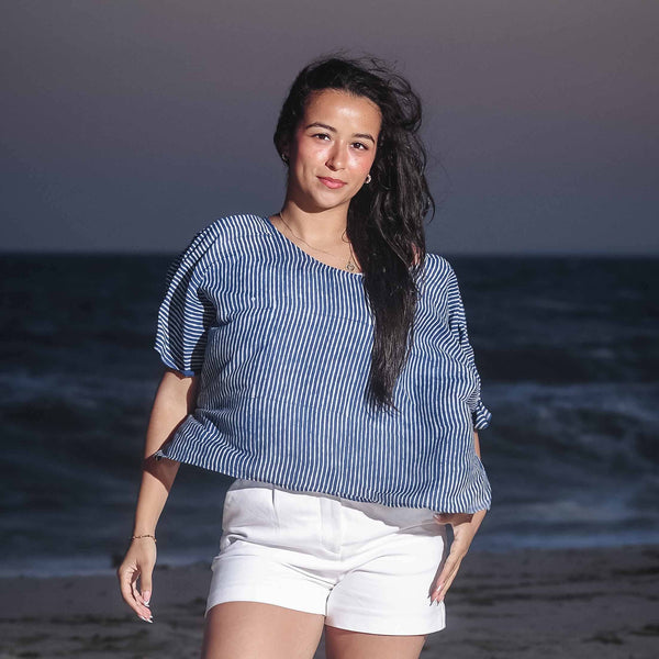 Classic Blue Cotton Silk Croptop Clothing Women - Stripes