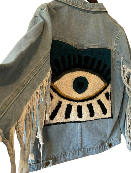 Embellished embroidered Denim fringe jacket (blue Evil eye)