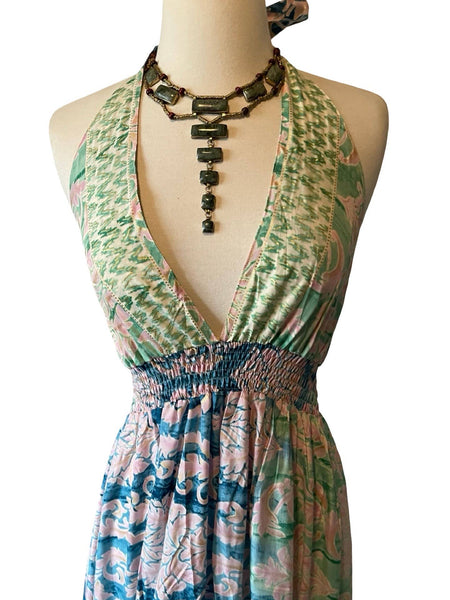 Halter Tiered Bohemian Maxi Silk Dress (green n blue)