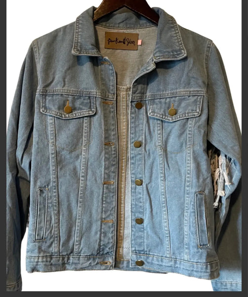 Embellished embroidered Denim fringe jacket (blue Evil eye)