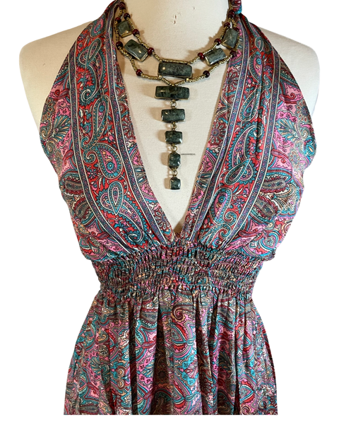 Halter Tiered Bohemian Maxi Silk Dress (Light Pink)