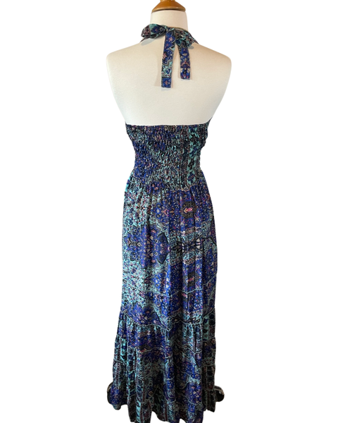 Halter Tiered Bohemian Maxi Silk Dress (Navy -black )