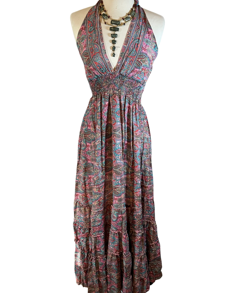 Halter Tiered Bohemian Maxi Silk Dress (Light Pink)
