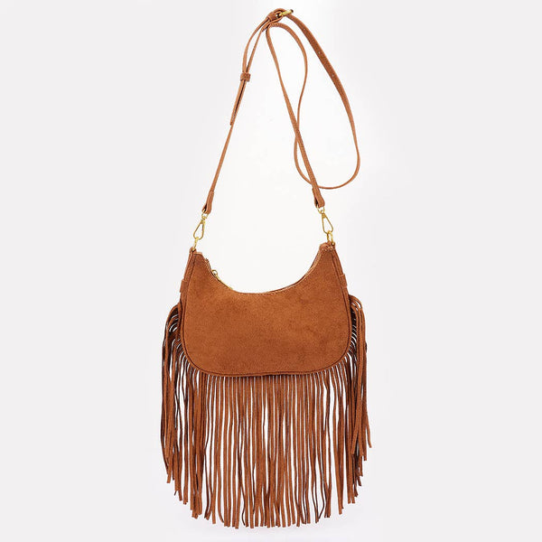 Fringe Trimmed Faux Suede Crossbody Bag