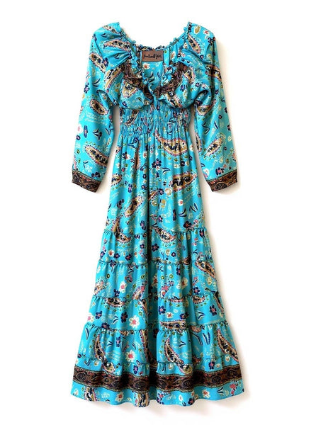 Long sleeve Bohemian Tiered Maxi Silk Dress (Turquoise)