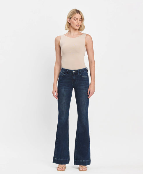MID RISE DARK WASH FULL LENGTH FLARE JEANS