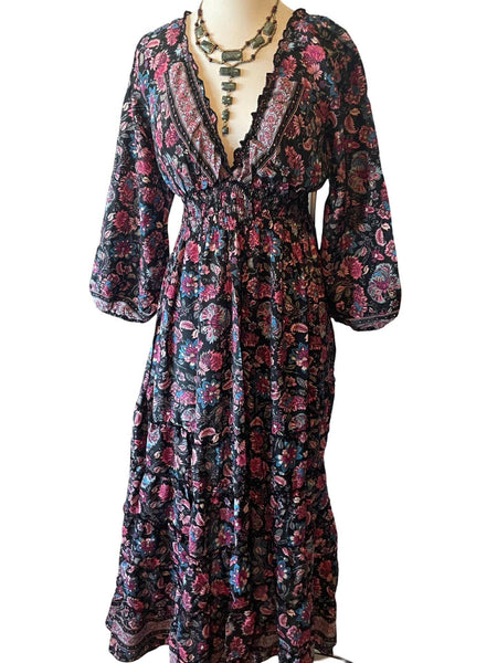 Long sleeve Bohemian Tiered Maxi Silk Dress (black n pink)